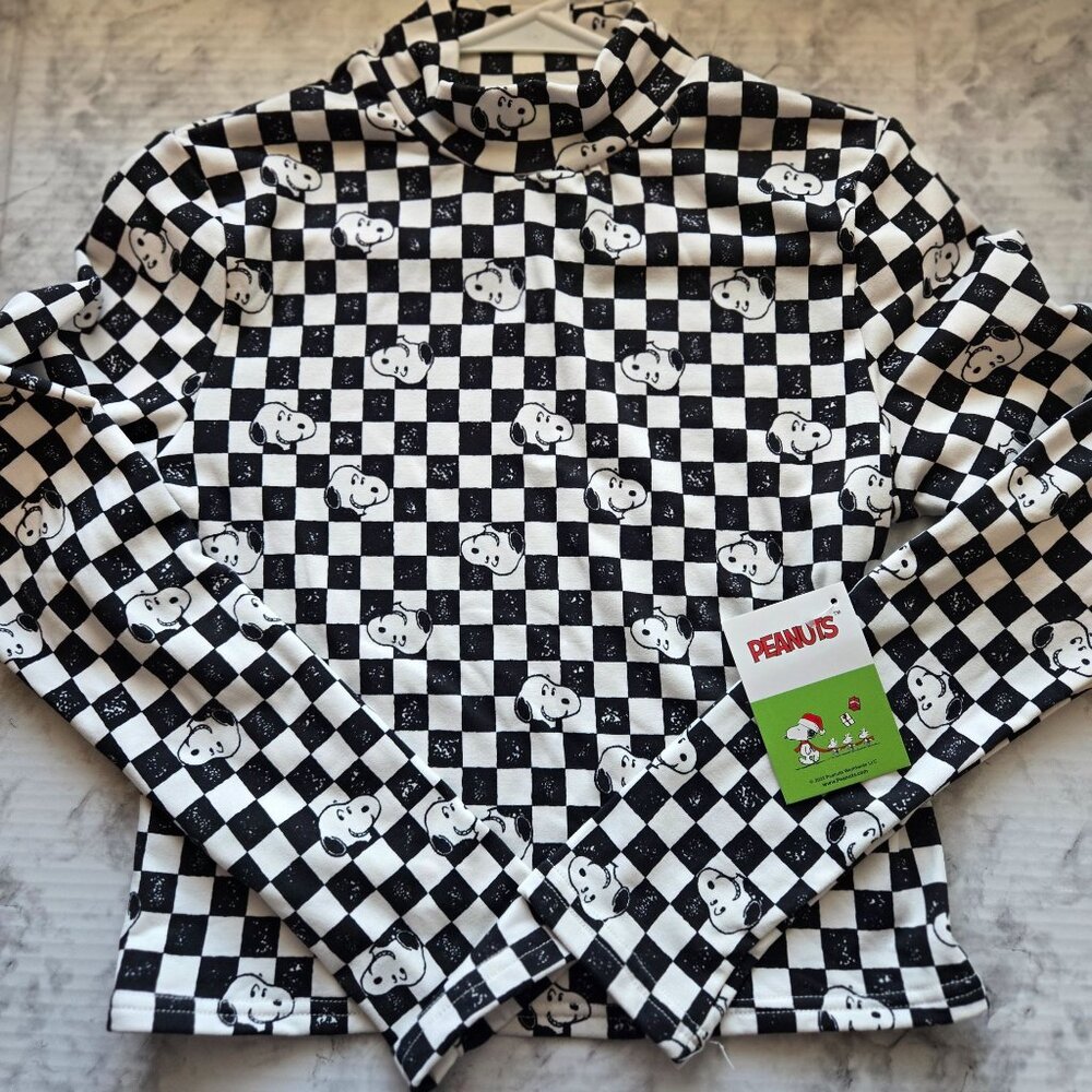 NWT Peanuts Snoopy Checkerboard Long-Sleeve Top Black/White Girls Sz M